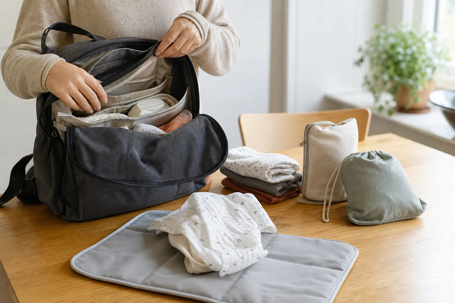 Öppen ryggsäck för babysaker med skötunderlägg, ombyte och förvaringspåsar bredvid.