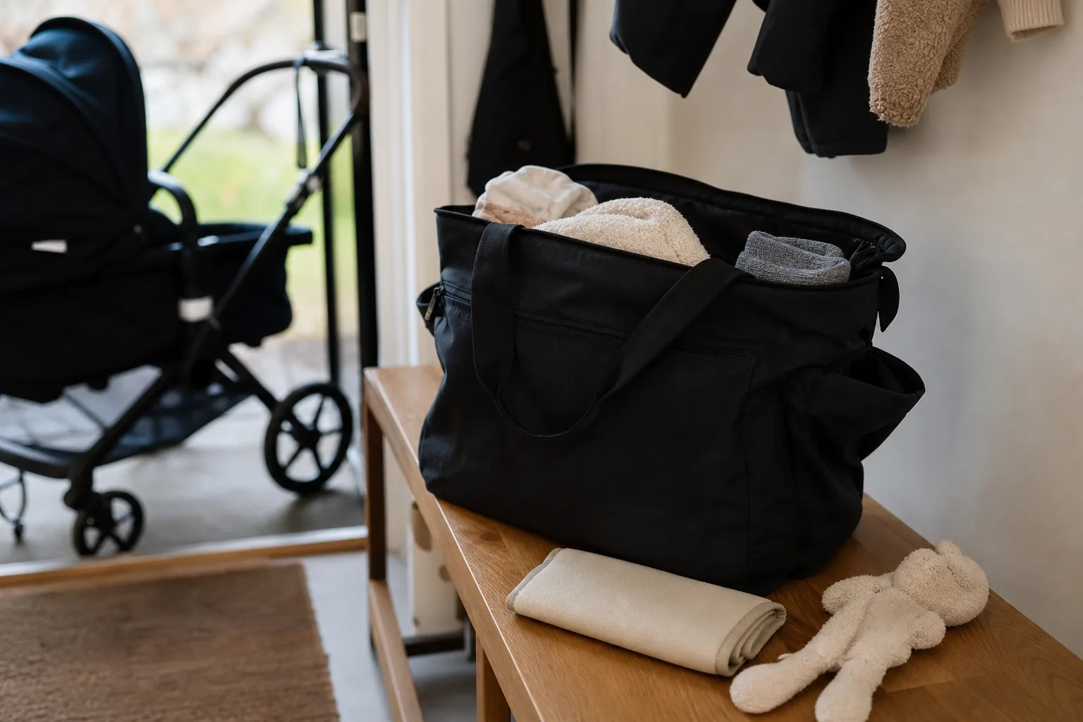 Öppen skötväska i toteform med ombyte och skötunderlägg bredvid en barnvagn.