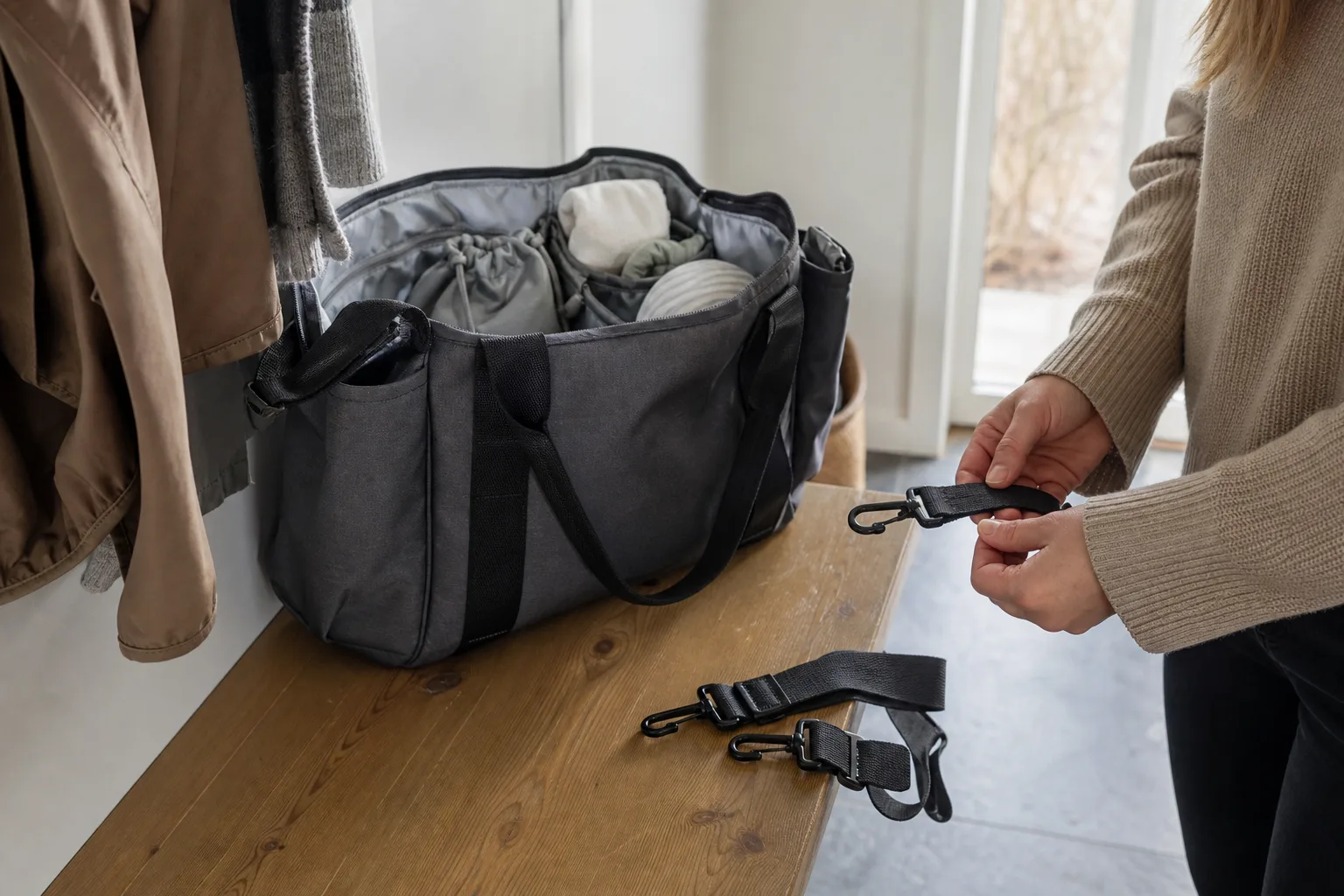 Rektangulär skötväska med innerfack och två lösa vagnsremmar bredvid på en hallbänk.
