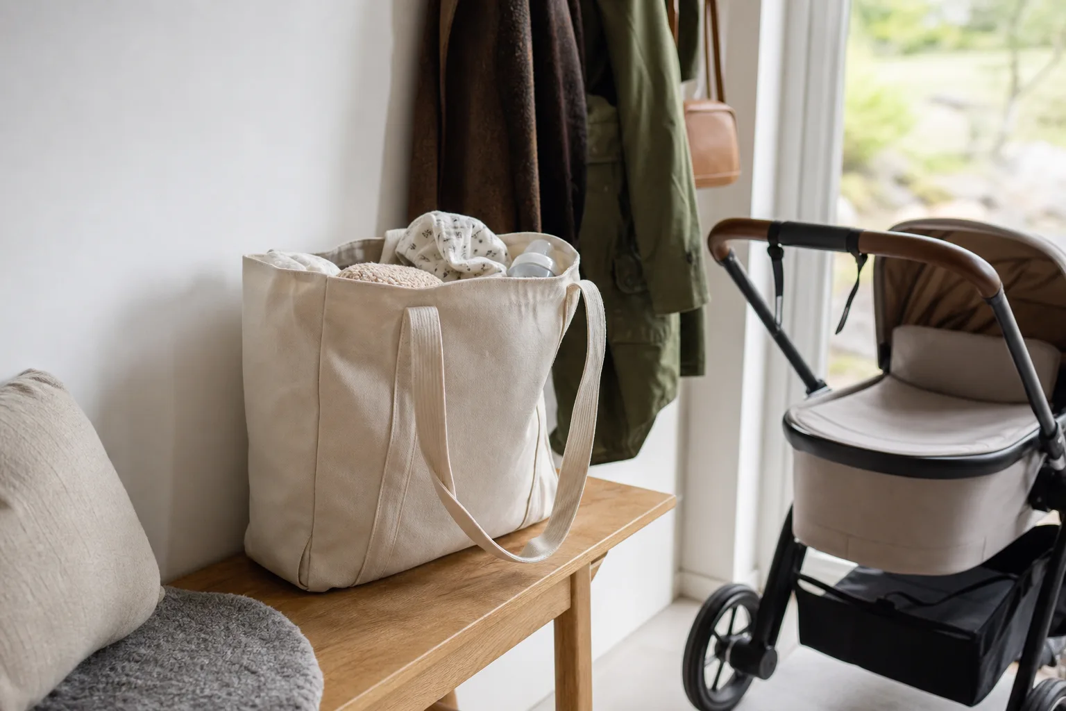 Skötväska i shopperform med höga sidor, långa handtag och packning i öppningen.