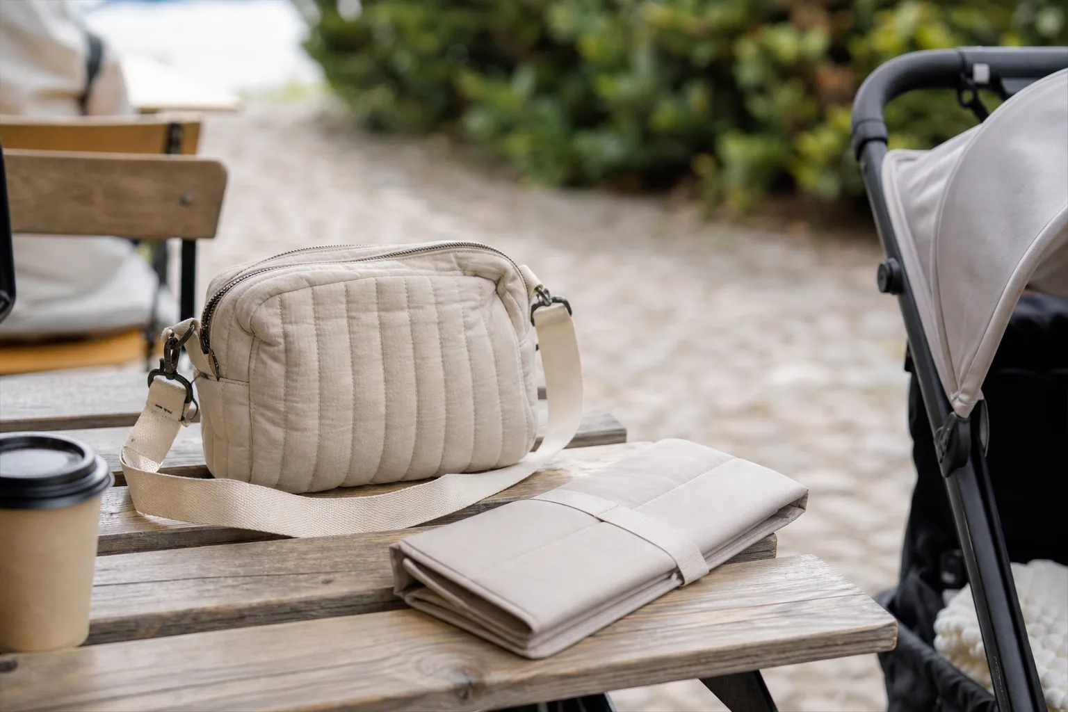 Liten quiltad skötväska med lång crossbodyrem och hopvikt skötunderlägg på en bänk.